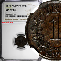 NORWAY Oscar II Bronze 1876 1 Ore NGC MS62 BN  Lion 1ST DATE FOR TYPE KM# 352