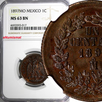 Mexico SECOND REPUBLIC Copper 1897 Mo 1 Centavo NGC MS63 BN LAST YEAR  KM# 391.6