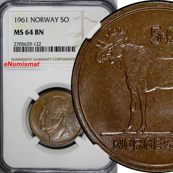Norway Olav V Bronze 1961 5 Øre NGC MS64 BN  ONLY 1 GRADED HIGHEST KM# 405