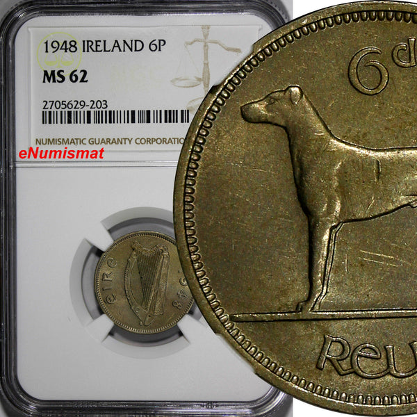 Ireland Republic 1948 6 Pence NGC MS62 Toned  Irish Harp / Wolfhound KM# 13a