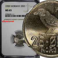 Norway Olav V Copper-Nickel 1959 25 Øre NGC MS65 LIGHT TONED  KM# 407