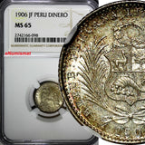 Peru Silver 1906 JF 1 Dinero NGC MS65 Mintage-826,000 Liberty Toning KM# 204.2
