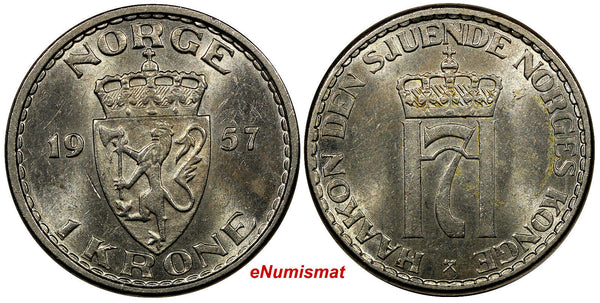 Norway Haakon VII 1957 1 Krone aUNC Condition Last Date Type Toning KM# 397.2