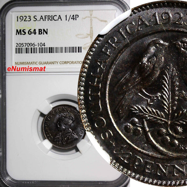 SOUTH AFRICA George V Bronze 1923 1/4 Penny NGC MS64 BN Mintage-33,000 KM# 12.1