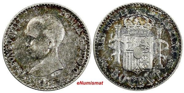 Spain Alfonso XIII Silver 1892/89 (92) PG-M 50 Centimos KM# 690