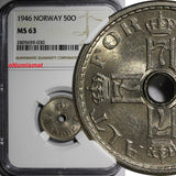 NORWAY Haakon VII Copper-Nickel 1946 50 Ore NGC MS63 KM# 386 (030)