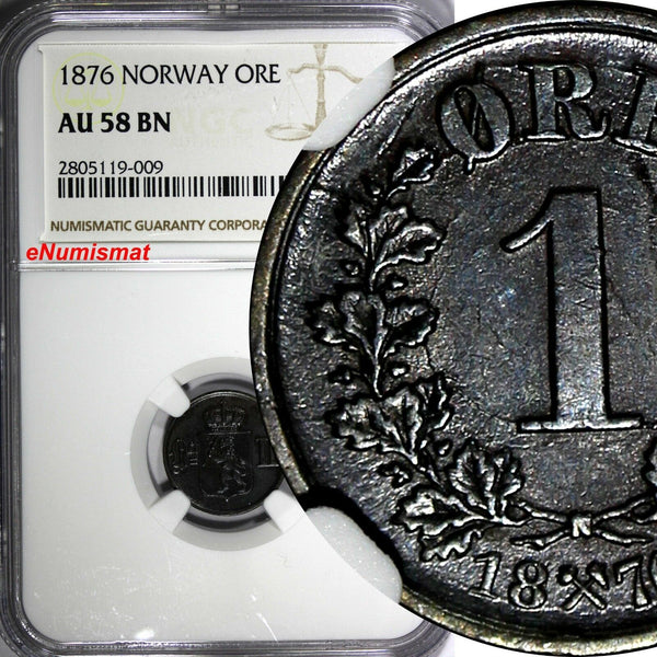 NORWAY Oscar II Bronze 1876 1 Ore NGC AU58 BN Lion 1ST DATE FOR TYPE KM# 352