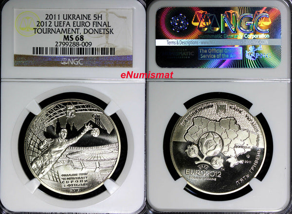 UKRAINE 2011 5 HRYWEN 2012 UEFA EURO FINAL Donetsk  NGC MS68   35 mm 16.4g. N/R