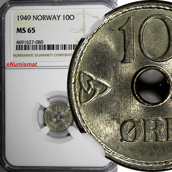 Norway Haakon VII Copper-Nickel 1949 10 Ore NGC MS65 KM# 383