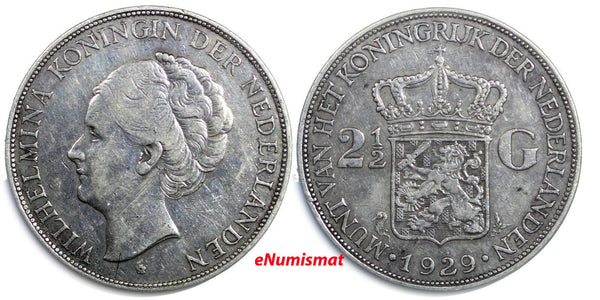 Netherlands Wilhelmina I Silver 1929  2-1/2 Gulden First Date for Type VF KM#165