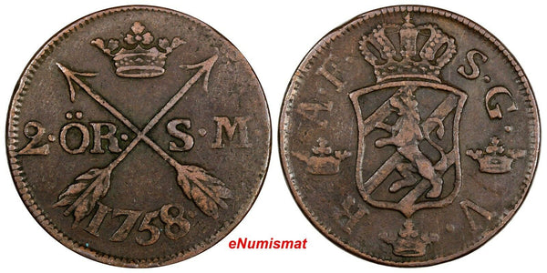SWEDEN Adolf Frederick Copper 1758 S.M.2 Ore 33.7mm Mintage-91,000 SCARCE KM#461