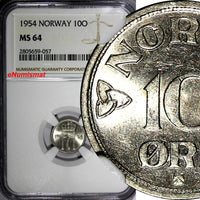 NORWAY Haakon VII Copper-Nickel 1954 10 Ore NGC MS64 KM# 396