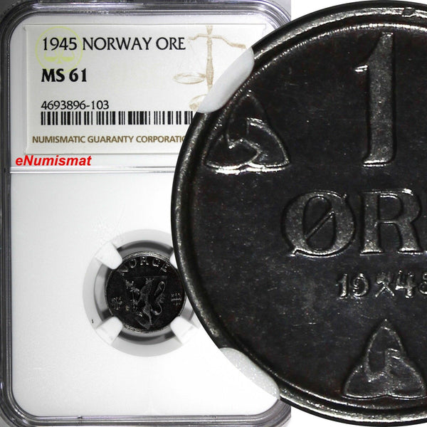 Norway WWII German Occupation Iron 1945 1 Ore NGC MS61 RARE DATE KM# 387 (103)