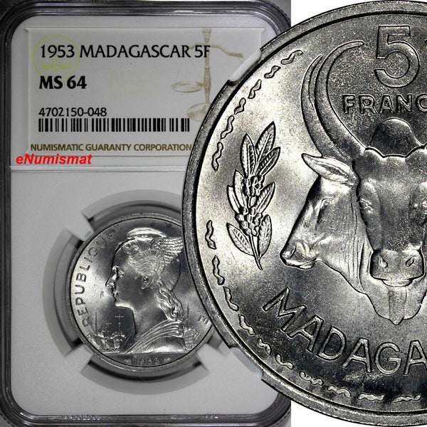 Madagascar Aluminum 1953 5 Francs NGC MS64 1 YEAR TYPE Monnaie de Paris KM# 5