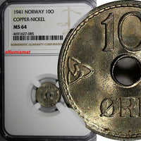 Norway Haakon VII Copper-Nickel 1941 10 Ore NGC MS64 WWII Issue KM# 383