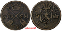 Sweden Fredrik I Copper 1749 2 Ore, S.M.Silvermynt Mintage-313,000  KM# 437