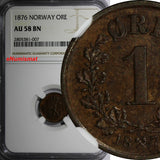 Norway Oscar II Bronze 1876 1 Ore NGC AU58 BN  Lion 1ST DATE FOR TYPE KM# 352
