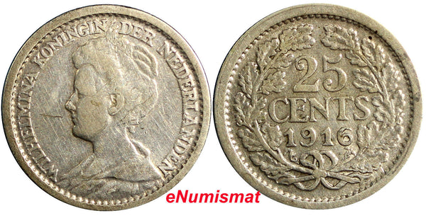 Netherlands Wilhelmina I Silver 1916 25 Cents 19mm KM# 146