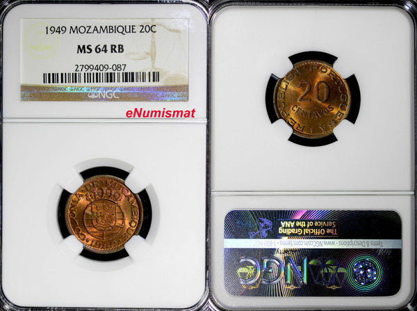 Mozambique Bronze 1949 20 Centavos NGC MS64 RB RED TONING KEY DATE  KM# 75