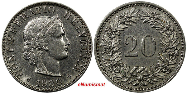 Switzerland Nickel 1930 B 20 Rappen Unc Condition KM# 29