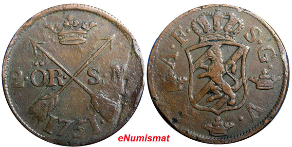 SWEDEN COPPER Adolf Frederick 1751 2 Ore,S.M Low Mintage:353,000 SCARCE KM#461