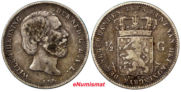 Netherlands William III Silver 1868 1/2 Gulden KM# 92