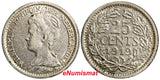 Netherlands Wilhelmina I Silver 1919 25 Cents 19mm KM# 146