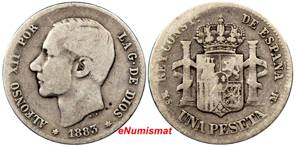 Spain Alfonso XII Silver 1883 (83) MS-M  Peseta SCARCE KM# 686