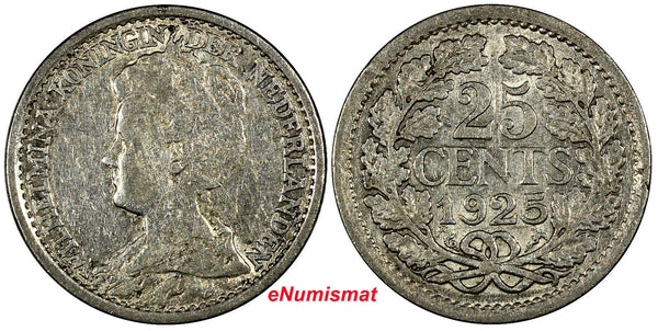 NETHERLANDS Wilhelmina I Silver 1925  25 Cents Last Better Date KM# 146