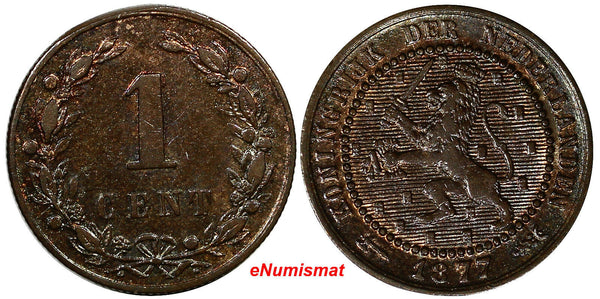 Netherlands Bronze 1877 1 Cent  UNC HIGH GRADE RED-BROWN KEY DATE KM# 107