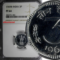 India-Republic Aluminum PROOF 1969 B 3 Paise NGC PF64 KM# 14.1