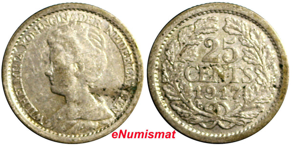 Netherlands Wilhelmina I Silver 1917 25 Cents 19mm KM# 146