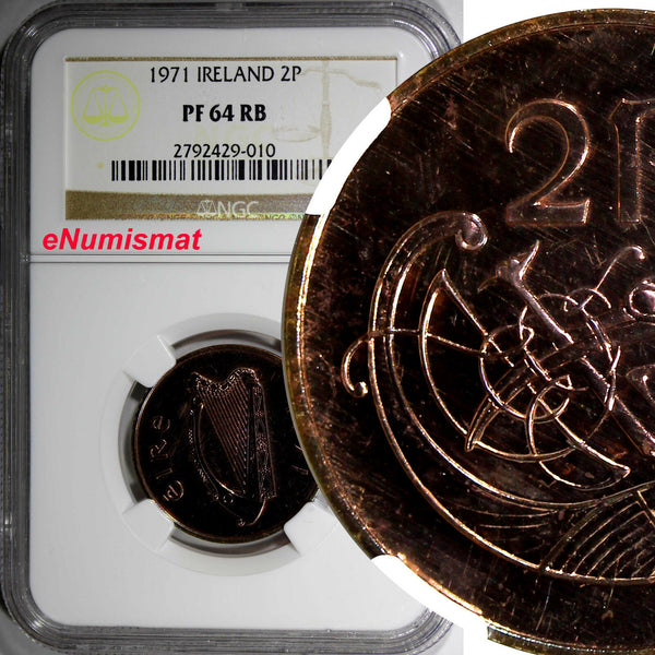 Ireland Republic Bronze PROOF 1971 2 Pence NGC PF64 RB 25.9mm   KM# 21