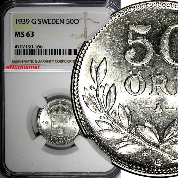 SWEDEN Gustaf V Silver 1939 G 50 Ore NGC MS63 1 GRADED HIGHEST BY NGC KM# 788(6)