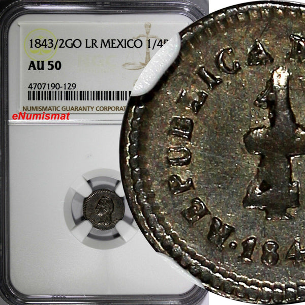 Mexico FIRST REP. 1843/2 GO LR 1/4 Real OVERDATE Guanajuato NGC AU50 KM# 368.5