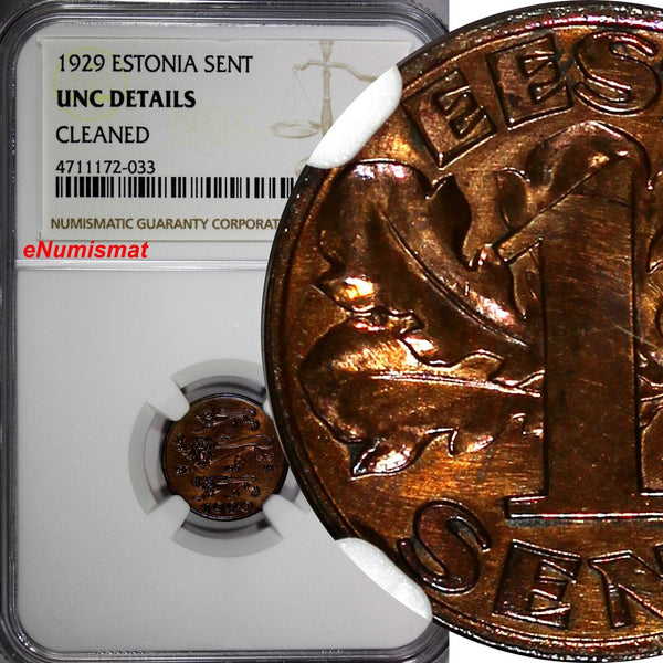 ESTONIA Bronze 1929 1 Sent NGC UNC DETAILS Three Leopards KM# 10