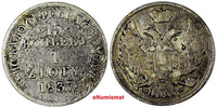 POLAND RUSSIA Nicholas I Silver 1837 MW 1 Zloty 15 Kopecks   C# 129