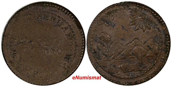 Peru Copper 1823 LIMA V 1/8 Peso,Octavo De Initial "V" XF Cond.RARE KM# 137(190)