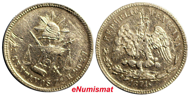 Mexico Silver 1871 Zs H  25 Centavos Low Mintage - 250,000  KM# 406.9