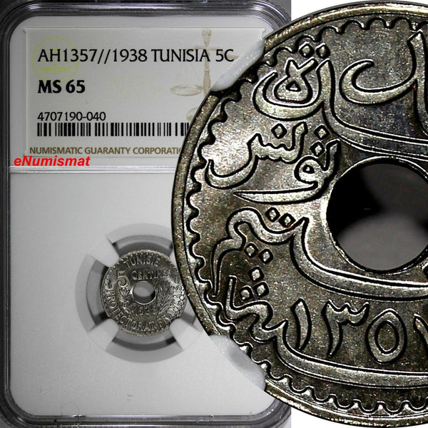 Tunisia Nickel-Bronze  AH1357//1938 5 Centimes NGC MS65 KM# 258