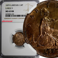 Great Britain  Victoria Bronze 1879 Farthing NGC MS63 RB Large "9" RED KM# 753