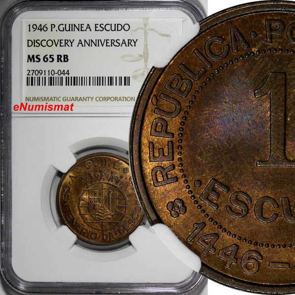 Guinea-Bissau Bronze 1946 Escudo NGC MS65 RB Discovery Anniversary KM# 7
