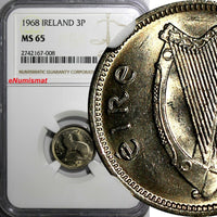 Ireland Republic Copper-Nickel 1968 3 Pence NGC MS65 LAST YEAR TYPE  KM# 12a(08)