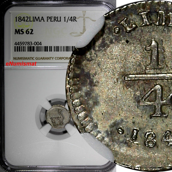 PERU Silver 1842 LIMA 1/4 Real NGC MS62  ONLY 1 GRADED HIGHER KM# 143.1