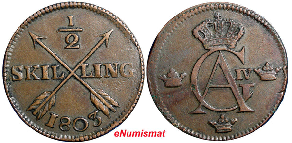 SWEDEN COPPER Gustaf IV Adolf 1803 1/2 SKILLING  30.5mm KM#565 (2460)