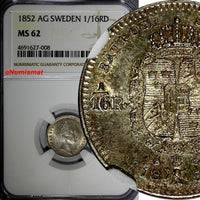 Sweden Oscar I Silver 1852 AG 1/16 Riksdaler NGC MS62 1 GRADED HIGHEST  KM# 665