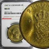 Denmark Frederik IX Aluminum-Bronze 1947 NS 2 Kroner NGC MS65 1st YEAR  KM#838.1