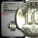 SWEDEN Gustaf V Silver 1941 G 10 Ore NGC MS64 WWII ISSUE KM# 780