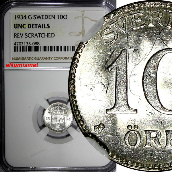 SWEDEN Silver 1934 G 10 Ore NGC UNC DETAILS KM# 780