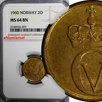 NORWAY Bronze 1960 2 ORE NGC MS64 BN BETTER DATE 1 COIN GRADED HIGHER KM# 410